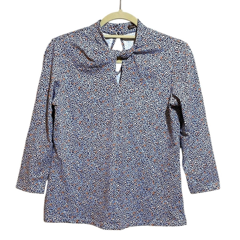 J. McLaughlin Blue Pattern Keyhole 3/4 Sleeve Catalina Cloth Blouse Size XS